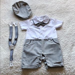3 piece outfit - Romper, bow, suspenders & hat